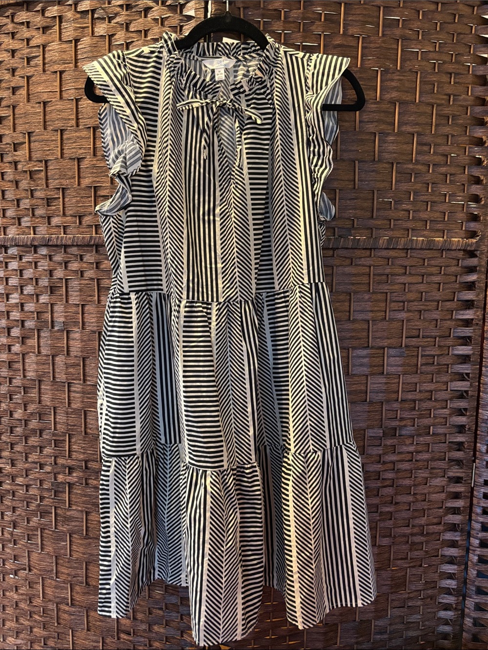 Black & Cream Striped Sleeveless Tiered Dress with Bow Neck
